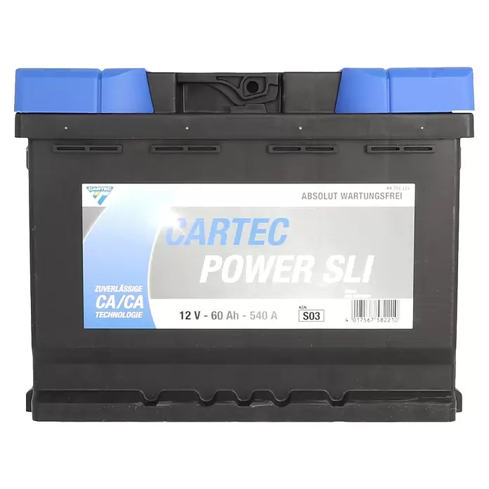 Cartec Autobatterie Power SLI 60 AH 540A - 60 Ah, 12 V - Schwarze CARTEC Power SLI Autobatterie mit blauen Akzenten, 12V 60Ah 540A, wartungsfrei.