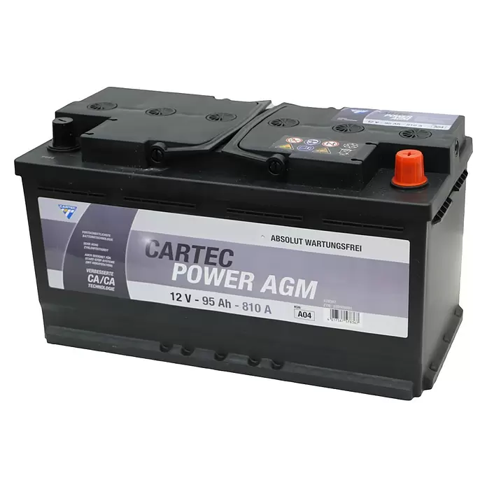 Cartec Autobatterie Power AGM 95 AH 810A - 95 Ah, 12 V - Schwarze Cartec Power AGM Autobatterie, 12V 95Ah 810A, mit orangefarbener Kappe am Pluspol. Wartungsfrei.