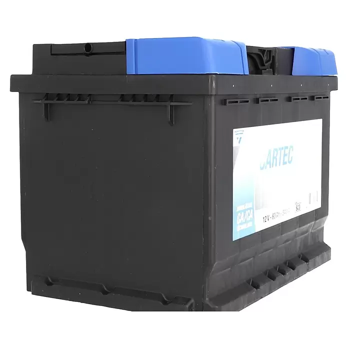 Cartec Autobatterie Power SLI 60 AH 540A - 60 Ah, 12 V - Schwarze Autobatterie mit blauem Deckel und weißem 'CARTEC'-Etikett, '12V - 60 Ah'.