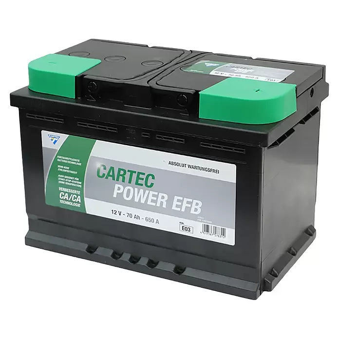 Cartec Autobatterie Power EFB 70 AH 650A - 70 Ah, 12 V - Schwarze CARTEC POWER EFB Autobatterie mit grünen Polabdeckungen, 12V 70Ah 650A, für Start-Stopp-Fahrzeuge geeignet.