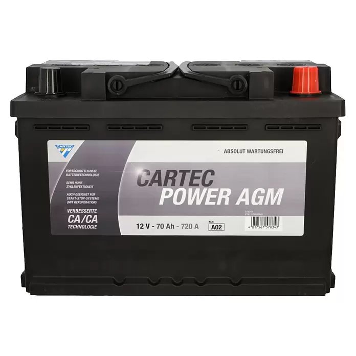 Cartec Autobatterie Power AGM 70 AH 720A - 70 Ah, 12 V - Schwarze CARTEC POWER AGM Autobatterie, 12V, 70Ah, 720A, wartungsfrei und für Start-Stop-Systeme.