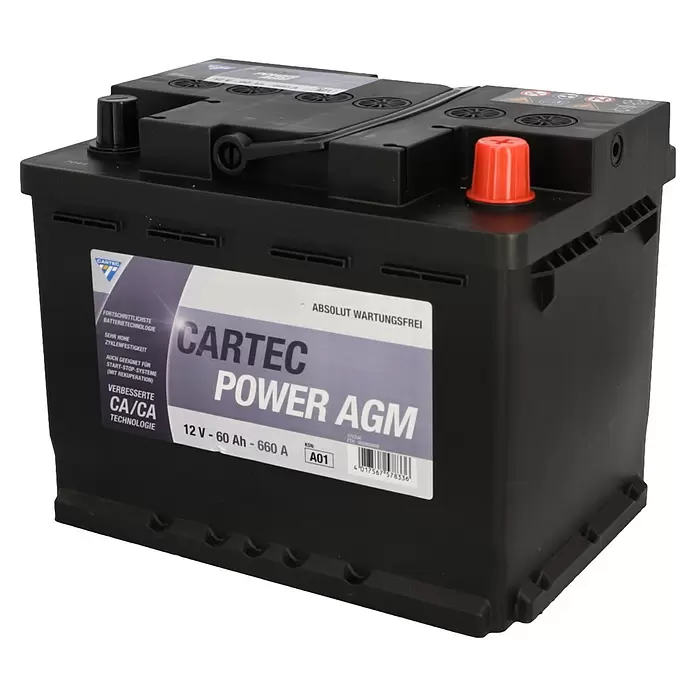 Cartec Autobatterie Power AGM 60 AH 680A - 60 Ah, 12 V - Schwarze CARTEC Power AGM 12V 60Ah 660A Autobatterie mit rotem Plus- und schwarzem Minuspol, für Start-Stopp-Systeme geeignet.