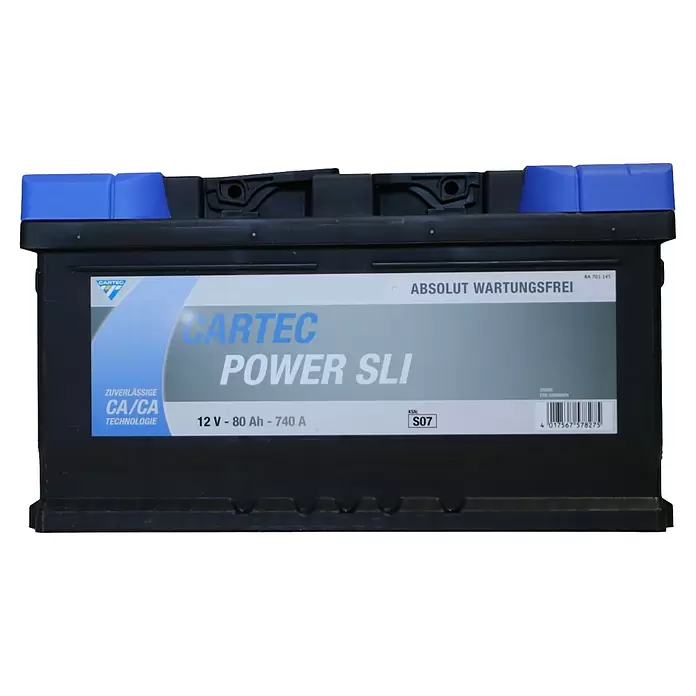 Cartec Autobatterie Power SLI 80 AH 740A - 80 Ah, 12 V - Schwarze CARTEC POWER SLI Autobatterie mit blauen Polkappen und weißem Etikett, 12V 80Ah.