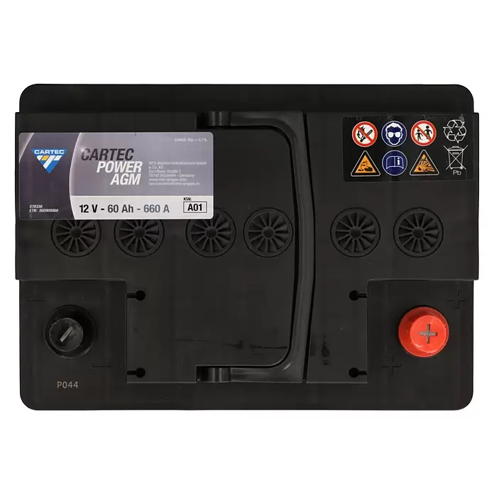 Cartec Autobatterie Power AGM 60 AH 680A - 60 Ah, 12 V - Schwarze Autobatterie mit Label "CARTEC POWER AGM", 12V, 60Ah, 660A Spezifikationen und rotem Pluspol.