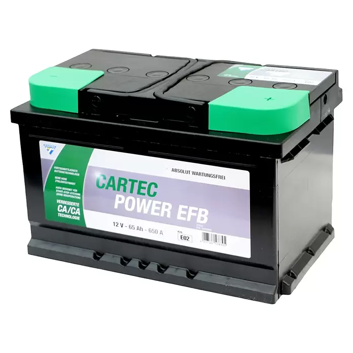 Cartec Autobatterie Power EFB 65 AH 650A - 65 Ah, 12 V - Schwarze CARTEC POWER EFB Autobatterie mit grünen Polabdeckungen, 12V 65Ah 650A.