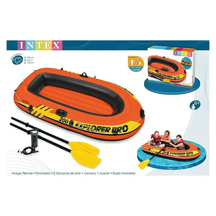 Intex Bote hinchable Explorer Pro 200 con remos - L x An x Al: 196 x 102 x 33 cm, Apto para: 1+1 personas, Carga útil: 120 kg - Imagen de una lancha inflable naranja Intex Explorer Pro 200 con accesorios como remos, bomba y embalaje.