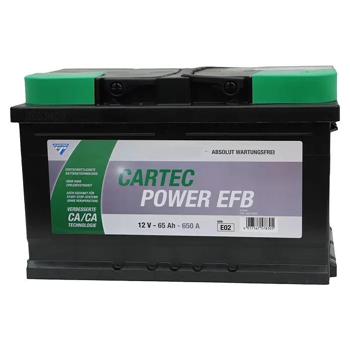 Cartec Autobatterie Power EFB 65 AH 650A - 65 Ah, 12 V - Schwarze CARTEC EFB Autobatterie, 12V 65Ah 650A, wartungsfrei, mit grünen Details.