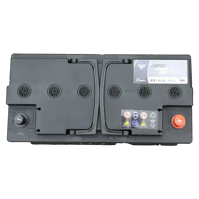 Cartec Autobatterie Power AGM 95 AH 810A - 95 Ah, 12 V - Dunkelgraue CARTEC POWER AGM Autobatterie (12V, 95Ah, 810A) mit sichtbaren Anschlüssen und runden Entlüftungsöffnungen.