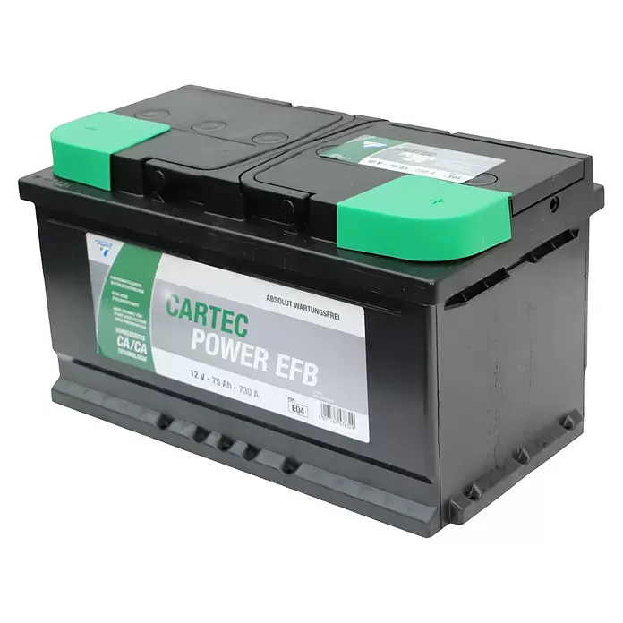 Cartec Autobatterie Power EFB 75 AH 730A - 75 Ah, 12 V - Schwarze CARTEC POWER EFB Autobatterie mit grünen Polabdeckungen, 12V 75Ah 730A.