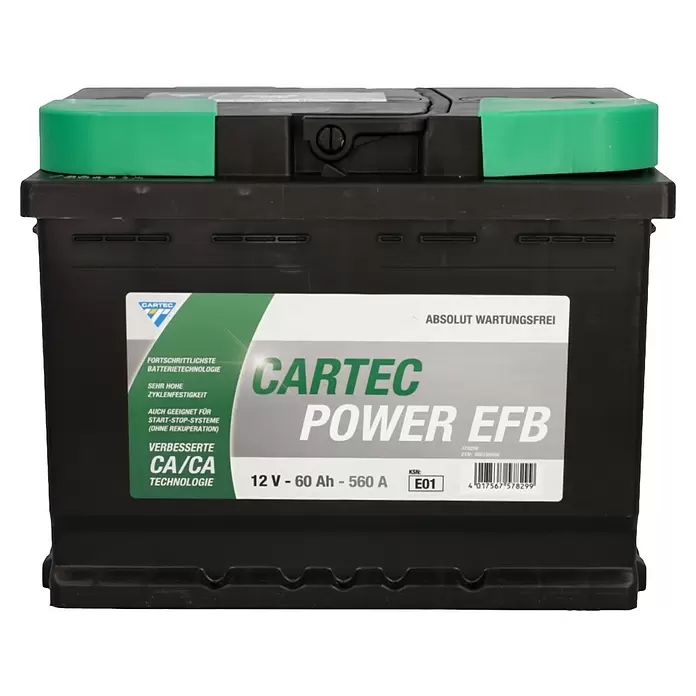 Cartec Autobatterie Power EFB 60 AH 560A - 60 Ah, 12 V - Schwarze CARTEC Power EFB Autobatterie (12V, 60Ah) mit grüner Abdeckung, wartungsfrei, für Start-Stop-Systeme.