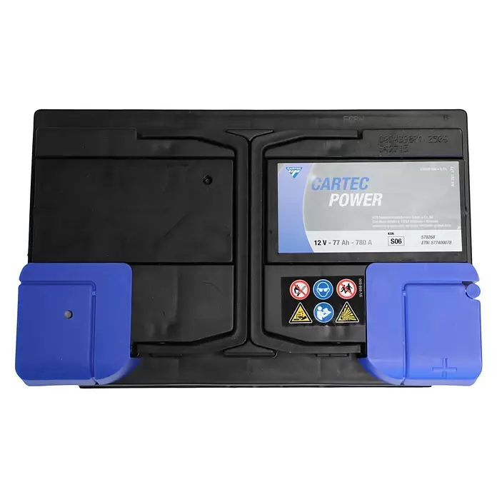 Cartec Autobatterie Power SLI 77 AH 780A - 77 Ah, 12 V - Schwarze CARTEC POWER Autobatterie mit blauen Terminalabdeckungen, zeigt 12V, 77Ah und 780A Spezifikationen.