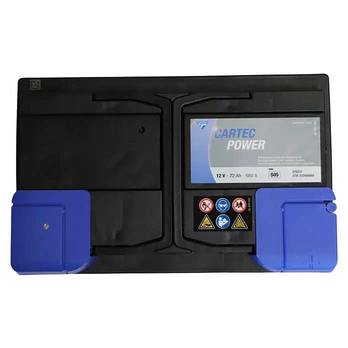 Cartec Autobatterie Power SLI 72 AH 680A - 72 Ah, 12 V - Schwarze CARTEC POWER Autobatterie mit blauen Terminalabdeckungen, 12V 72Ah 680A, mit Sicherheitshinweisen.