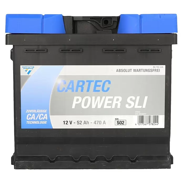 Cartec Autobatterie Power SLI 52 AH 470A - 52 Ah, 12 V - CARTEC POWER SLI 12V 52Ah 470A Autobatterie. Schwarzes Gehäuse mit blauen Elementen, CA/CA-Technologie, wartungsfrei.