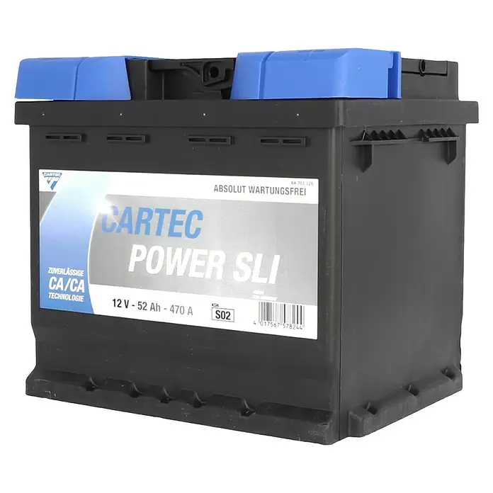 Cartec Autobatterie Power SLI 52 AH 470A - 52 Ah, 12 V - Schwarze Cartec Power SLI Autobatterie mit blauen Polabdeckungen. 12V, 52Ah, 470A, wartungsfreie Batterie.