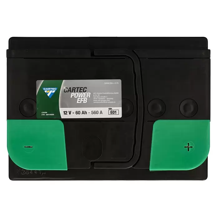Cartec Autobatterie Power EFB 60 AH 560A - 60 Ah, 12 V - Schwarze CARTEC POWER EFB Autobatterie, 12V 60Ah 560A, mit grünen Akzenten und Produktetikett.