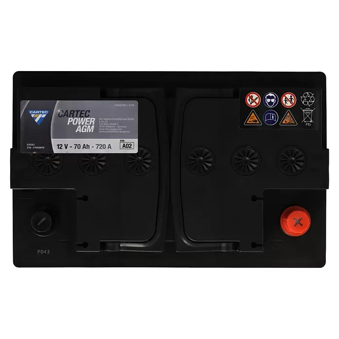 Cartec Autobatterie Power AGM 70 AH 720A - 70 Ah, 12 V - Schwarze CARTEC Power AGM Autobatterie mit Beschriftung für 12V, 70Ah, 720A Spezifikationen und roter Pluspolabdeckung.