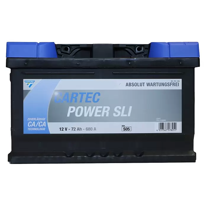 Cartec Autobatterie Power SLI 72 AH 680A - 72 Ah, 12 V - Schwarze CARTEC 12V 72Ah 680A Autobatterie mit blauen Kappen, wartungsfrei.