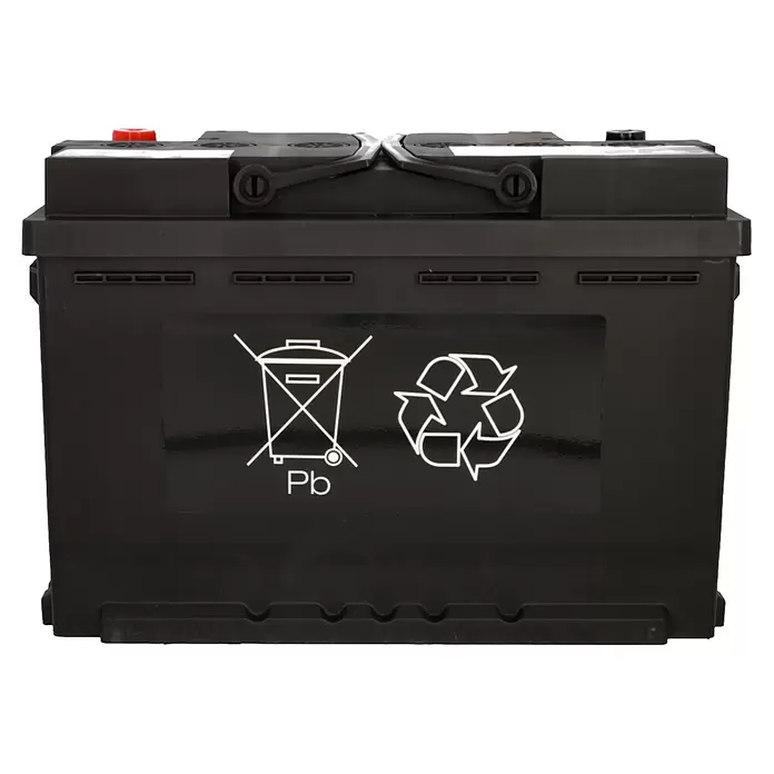 Cartec Autobatterie Power AGM 70 AH 720A - 70 Ah, 12 V - Schwarze Autobatterie mit rotem Pluspol und weißen Recycling- und „nicht entsorgen“-Symbolen, die „Pb“ für Blei zeigen.
