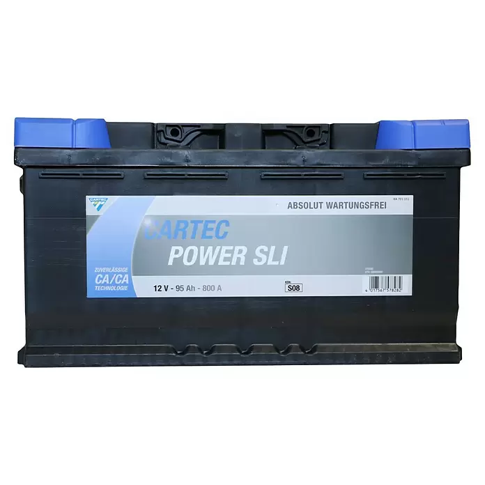 Cartec Autobatterie Power SLI 95 AH 800A - 95 Ah, 12 V - Schwarze CARTEC Autobatterie mit blauen Polabdeckungen, beschriftet 12V 95Ah 800A, wartungsfrei.
