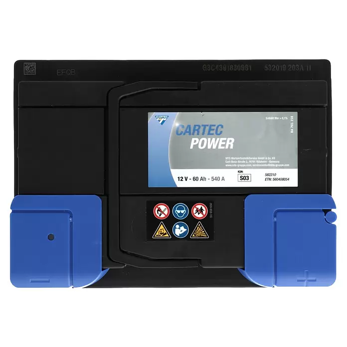 Cartec Autobatterie Power SLI 60 AH 540A - 60 Ah, 12 V - Schwarze CARTEC POWER 12V-60Ah-540A Autobatterie mit blauen Polabdeckungen.