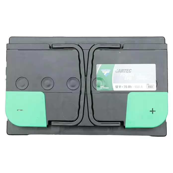 Cartec Autobatterie Power EFB 70 AH 650A - 70 Ah, 12 V - Schwarze CARTEC POWER EFB Autobatterie mit grünen Anschlusskappen, zeigt Spezifikationen 12V 70Ah 650A und Polaritätsmarkierungen.
