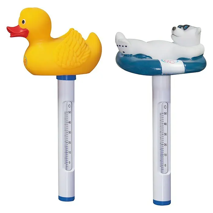 Termómetro de agua de figuras - Analógico - Dos termómetros para piscinas: un pato amarillo y un oso polar en un flotador, ambos con escalas de temperatura fáciles de leer.