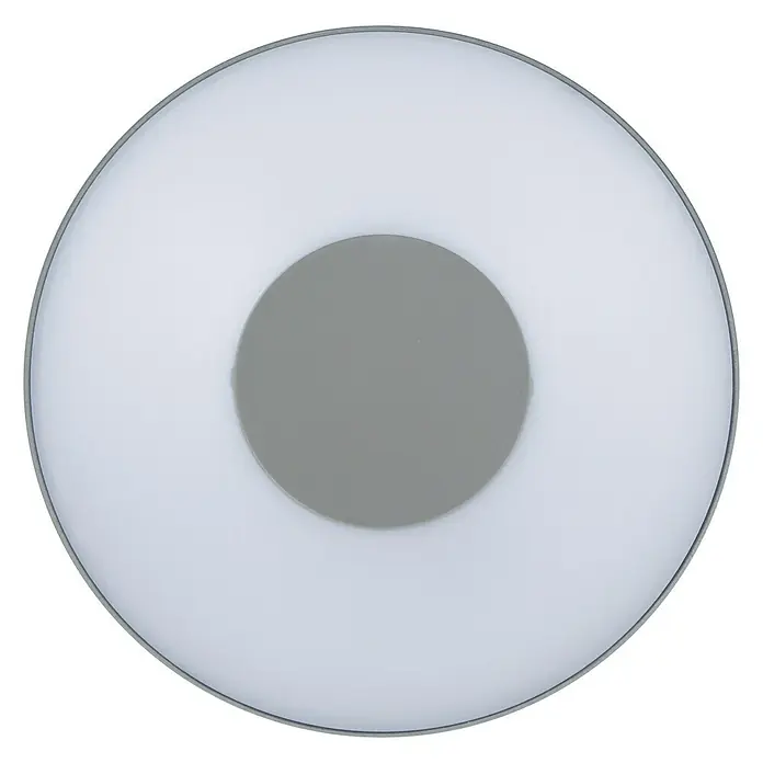 Lutec Aplique exterior LED Ublo - 7,5 W, 4,5 x 19,3 x 19,3 cm, Plateado, Opal, IP54 - Primer plano de una lámpara de techo LED redonda con un centro gris y un anillo de luz difusa brillante, enmarcado en gris.