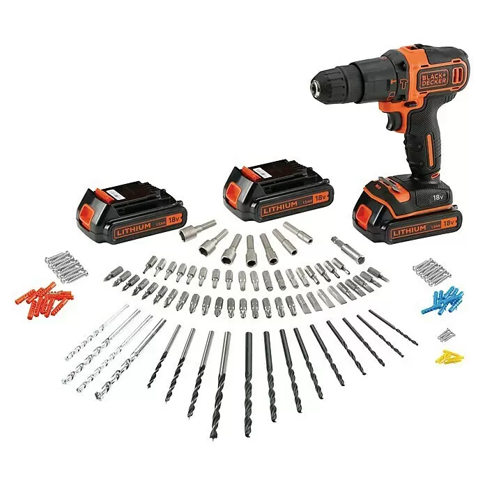 Black+Decker Taladro atornillador percutor de batería BDCHD181B - 18 V, 3 baterías, 1,5 Ah, 40 Nm - Taladro atornillador inalámbrico Black+Decker 18V con 3 baterías, brocas, puntas de atornillar, tornillos y tacos.