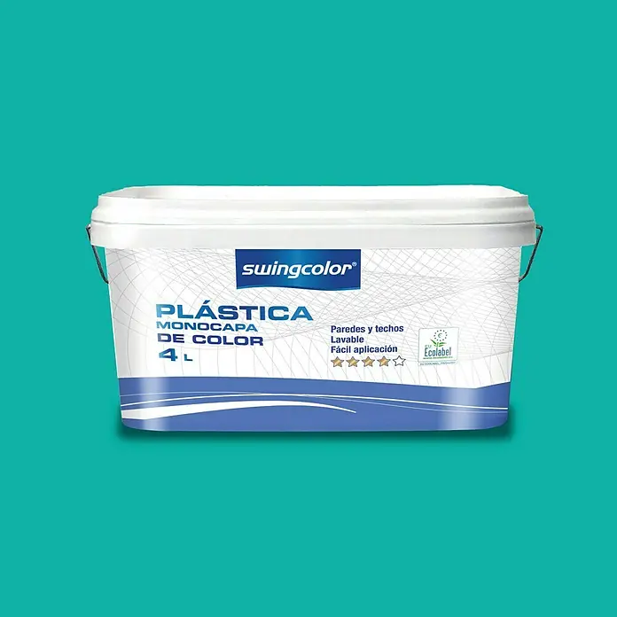 swingcolor Pintura para paredes - Turquesa, Mate, 4 l - Primer plano de un cubo de 4L de pintura de interior Swingcolor, ideal para paredes y techos, lavable y fácil de aplicar.