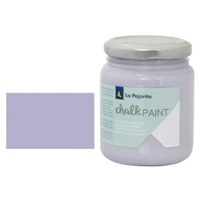 La Pajarita Pintura de tiza Chalk Paint - Violet, 175 ml, Mate - Tarro de pintura a la tiza lila La Pajarita con muestra de color. Pintura versátil para muebles y decoración.