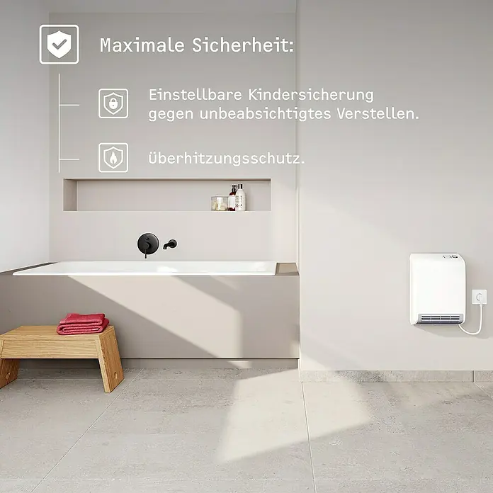 Stiebel Eltron Heizlüfter CK 20 TREND Wandmontage - 2.000 W, Raumheizvermögen: 25 m², Alpinweiß - Ein modernes Badezimmer mit einem weißen, an der Wand montierten Heizlüfter für maximale Sicherheit und Komfort.