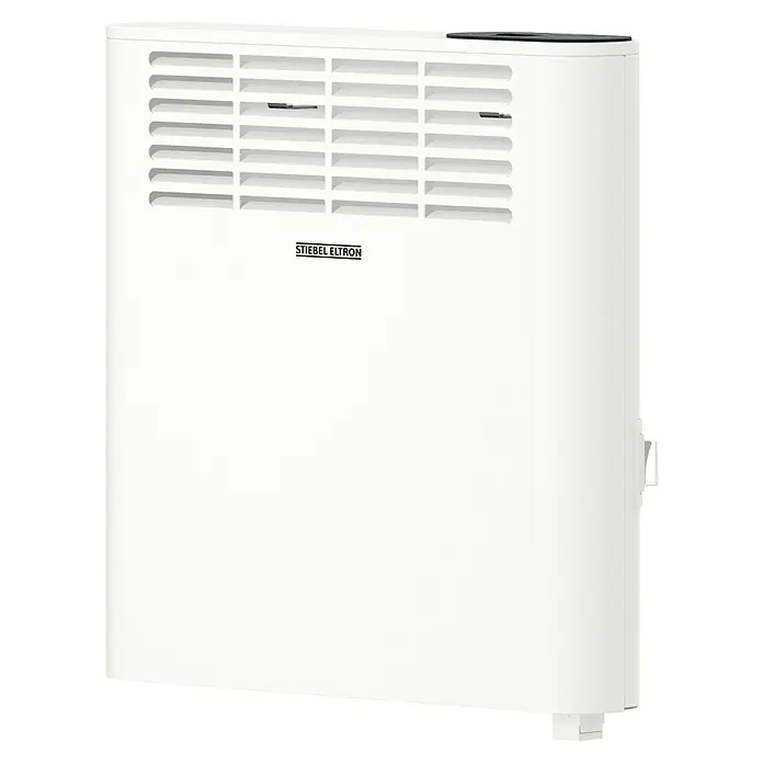 Stiebel Eltron Konvektorheizung CNS PLUS LCD Wandmontage - 1.000 W, Raumheizvermögen: 12 m², Weiß - Ein weisser Stiebel Eltron Heizkörper mit Lüftungsschlitzen. Er ist kompakt und für die Wandmontage konzipiert, ideal für Innenräume.