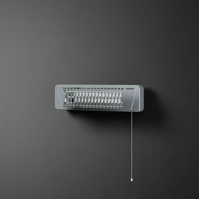 Stiebel Eltron Infrarot-Heizstrahler Infrarot-Quarzstrahler IW 120 - 8,5 x 53,5 x 14,5 cm, 1.200 W, Silber - Wandmontierter Heizlüfter von Stiebel Eltron in grau, mit Zugschnur. Kompaktes Design für schnelle Wärme im Badezimmer oder kleinen Räumen.