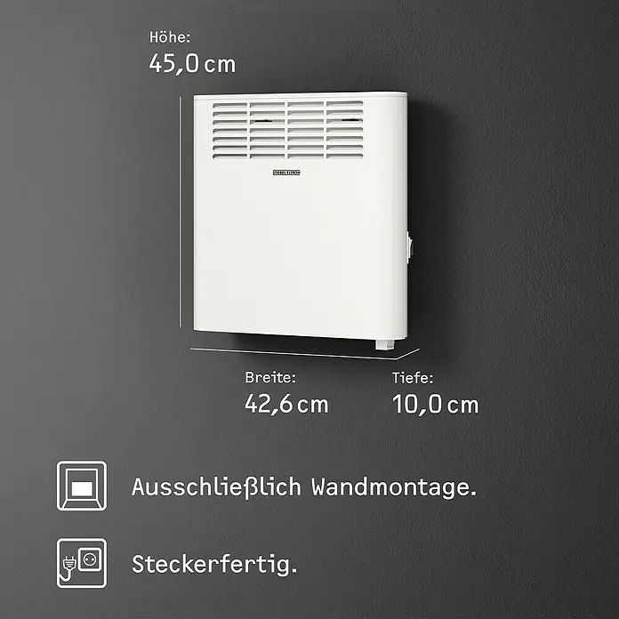 Stiebel Eltron Konvektorheizung CNS PLUS LCD Wandmontage - 1.000 W, Raumheizvermögen: 12 m², Weiß - Abbildung eines weißen Stiebel Eltron Wandkonvektors mit den Maßen 45,0 cm Höhe, 42,6 cm Breite und 10,0 cm Tiefe. Ausschließlich Wandmontage.