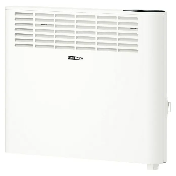 Stiebel Eltron Konvektorheizung CNS PLUS LCD Wandmontage - 1.500 W, Raumheizvermögen: 20 m², Weiß - Ein weißer Stiebel Eltron Heizlüfter mit Lüftungsschlitzen und dezentem Logo. Das Gerät ist kompakt und für die Wandmontage geeignet.