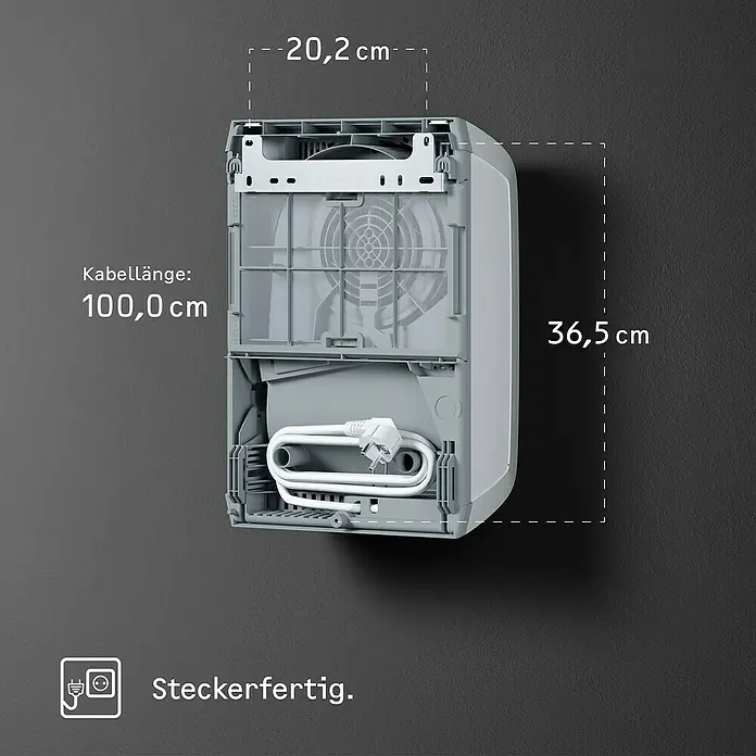 Stiebel Eltron Heizlüfter CK 20 TREND Wandmontage - 2.000 W, Raumheizvermögen: 25 m², Alpinweiß - Rückansicht des Entfeuchters mit sichtbaren Abmessungen und Kabellänge. Steckerfertig für den sofortigen Gebrauch.