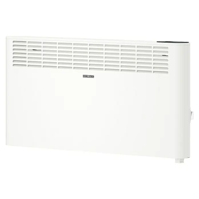 Stiebel Eltron Konvektorheizung CNS PLUS LCD Wandmontage - 2.500 W, Raumheizvermögen: 30 m², Weiß - Produktdarstellung: Ein Heizkörper der Marke Stiebel Eltron in Weiß mit Lüftungsschlitzen oben.