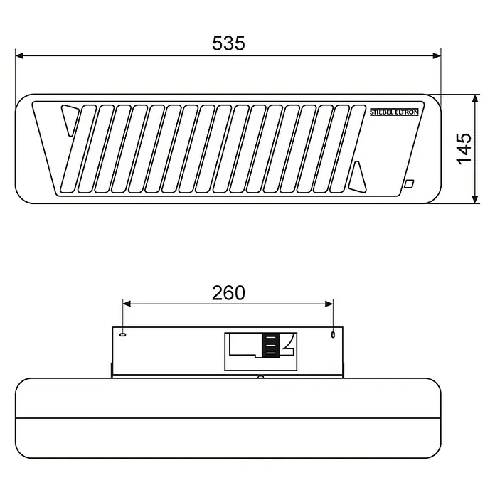 Stiebel Eltron Infrarot-Heizstrahler Infrarot-Quarzstrahler IW 120 - 8,5 x 53,5 x 14,5 cm, 1.200 W, Silber - Abbildung eines Stiebel Eltron Geräts mit den Maßen 535 x 145 x 260 mm.