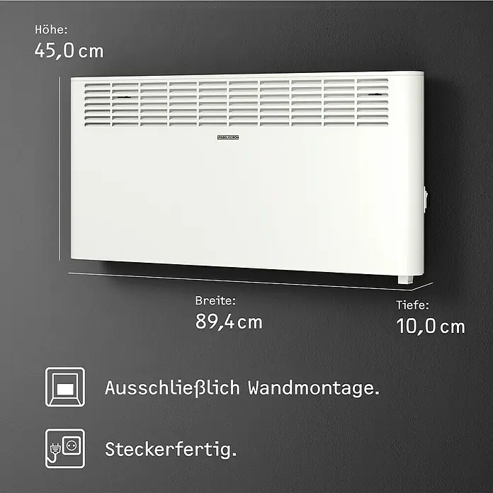 Stiebel Eltron Konvektorheizung CNS PLUS LCD Wandmontage - 2.500 W, Raumheizvermögen: 30 m², Weiß - Abbildung eines Stiebel Eltron Wandkonvektors mit Maßangaben zu Höhe, Breite und Tiefe sowie Icons für Wandmontage und Steckerfertigkeit.