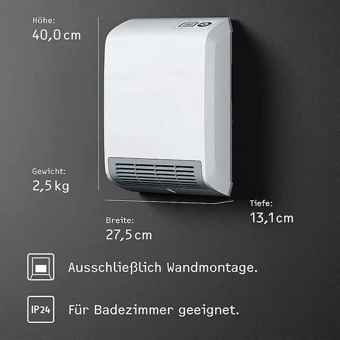 Stiebel Eltron Heizlüfter CK 20 TREND Wandmontage - 2.000 W, Raumheizvermögen: 25 m², Alpinweiß - Produktbild eines weißen Wandheizlüfters mit den Maßen Höhe 40,0 cm, Breite 27,5 cm und Tiefe 13,1 cm, Gewicht 2,5 kg, geeignet für Badezimmer.