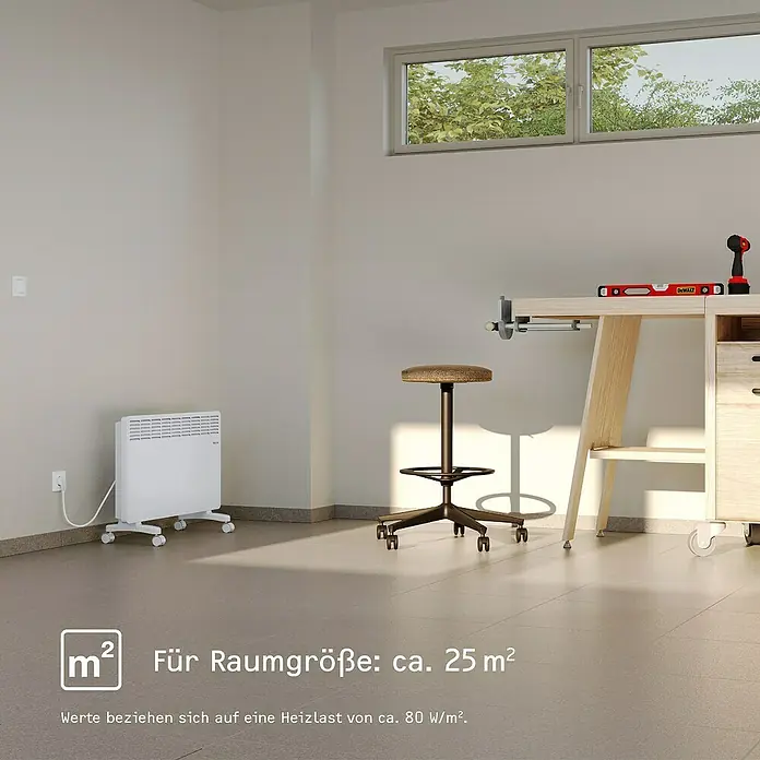 Stiebel Eltron Konvektorheizung - 2.000 W, Raumheizvermögen: 25 m², Weiß - Aufnahme eines Raumes mit einem weißen Heizkörper, der für eine Raumgröße von ca. 25 m² geeignet ist.