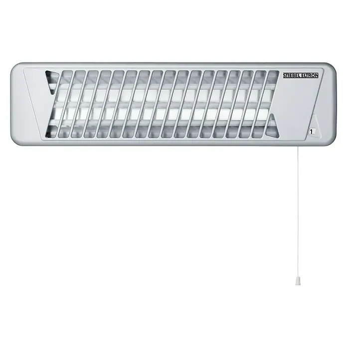 Stiebel Eltron Infrarot-Heizstrahler Infrarot-Quarzstrahler IW 120 - 8,5 x 53,5 x 14,5 cm, 1.200 W, Silber - Das Bild zeigt einen Stiebel Eltron Infrarot-Dunkelstrahler mit Zugschalter, ideal für die Heizung in Feuchträumen. Das Gerät ist in Weiß gehalten.