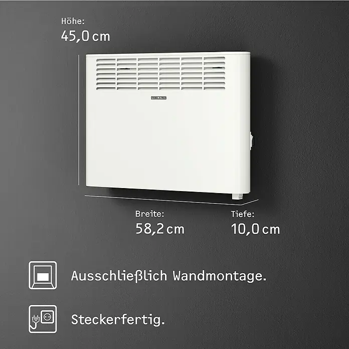 Stiebel Eltron Konvektorheizung CNS PLUS LCD Wandmontage - 1.500 W, Raumheizvermögen: 20 m², Weiß - Abbildung eines weißen Stiebel Eltron Wandheizgeräts mit den Maßen 45,0 x 58,2 x 10,0 cm, geeignet zur Wandmontage.