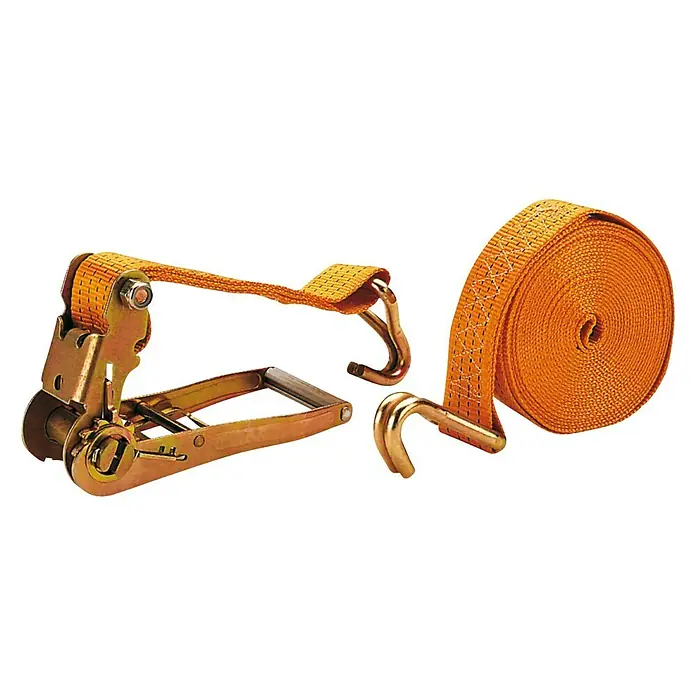 Correa de sujeción 9 metros - L x An: 9 x 25 mm, Naranja - Una correa de trinquete naranja con ganchos, ideal para asegurar cargas durante el transporte. La cinta está enrollada y lista para su fácil uso.