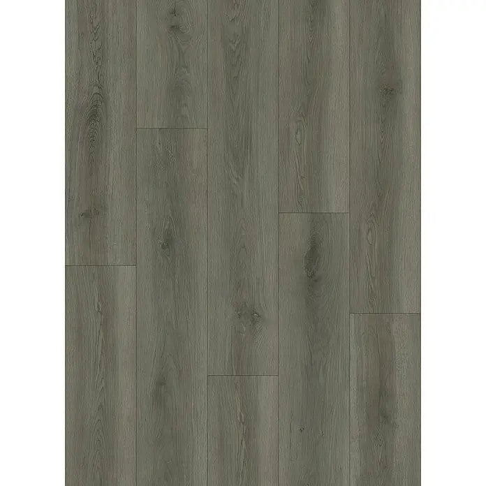 Oknum Suelo vinílico SPC Silver Grey - 1.220 x 182 x 5 mm, Gris - Primer plano de suelo laminado gris con un patrón de vetas de madera. Ideal para espacios modernos que buscan un diseño elegante y de fácil mantenimiento.
