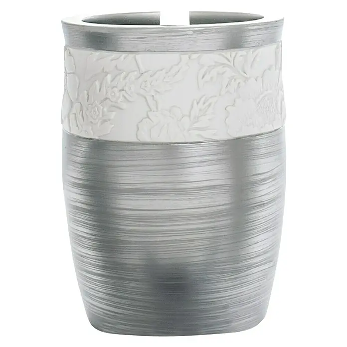 Aquasanit Damasco Conjunto de escobilla - 9,5 x 9,5 x 34,5 cm, Plástico, Blanco/Plata - Elegante portacepillos de dientes plateado con estampado floral para el baño.