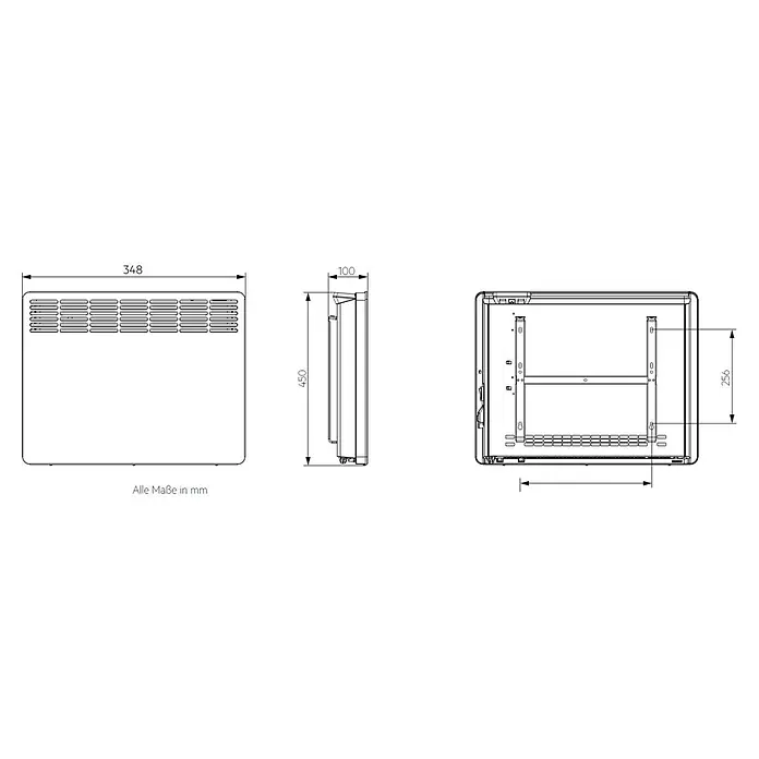 AEG Konvektorheizung Wandmontage - 500 W, Raumheizvermögen: 6 m², Alpinweiß - Abbildung eines Heizgeräts mit den Maßen 348 x 450 x 100 mm und 256 mm für spezifische Details, dargestellt in einer technischen Zeichnung.