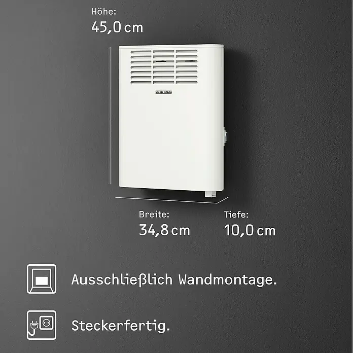 Stiebel Eltron Konvektorheizung CNS PLUS LCD Wandmontage - 500 W, Raumheizvermögen: 6 m², Weiß - Produktabbildung: Ein weißer Stiebel Eltron Heizkörper zur Wandmontage, mit den Maßen 45,0 cm Höhe, 34,8 cm Breite und 10,0 cm Tiefe.