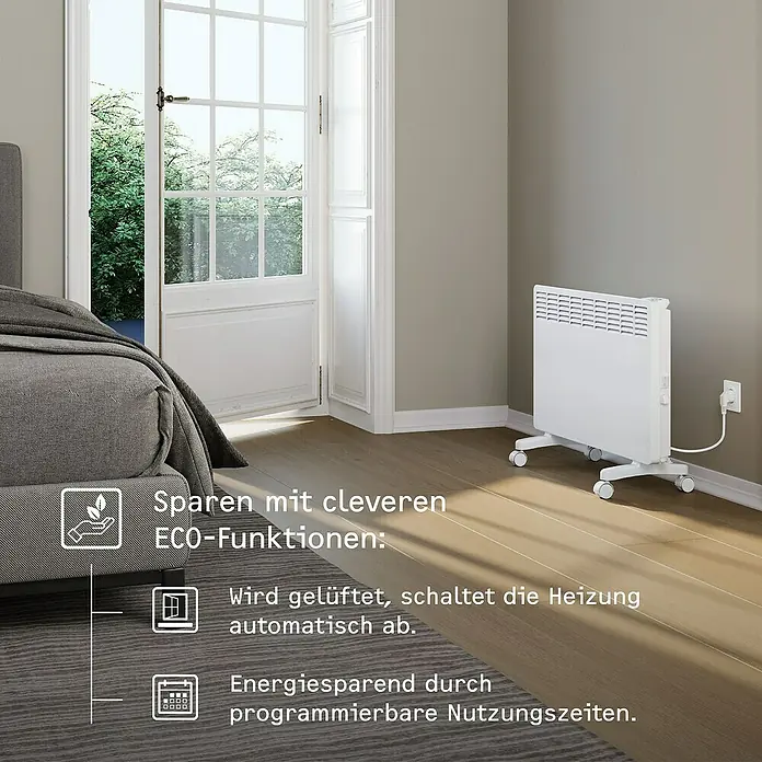 Stiebel Eltron Konvektorheizung EG-50-PL2-PE - 2.000 W, Raumheizvermögen: 25 m², Weiß - Ein weißer, mobiler Heizkörper mit cleveren ECO-Funktionen steht im Raum und hilft, Energie zu sparen.