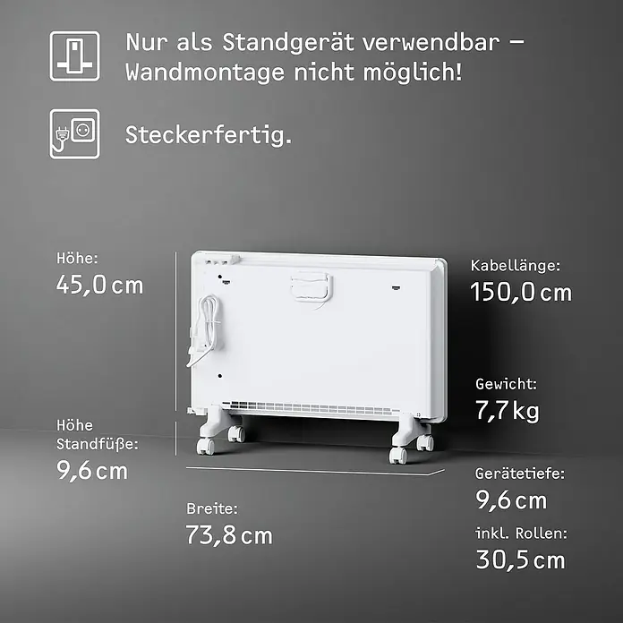 Stiebel Eltron Konvektorheizung EG-50-PL2-PE - 2.000 W, Raumheizvermögen: 25 m², Weiß - Bild eines weißen Heizkörpers mit Rädern und Angabe der Produktabmessungen.